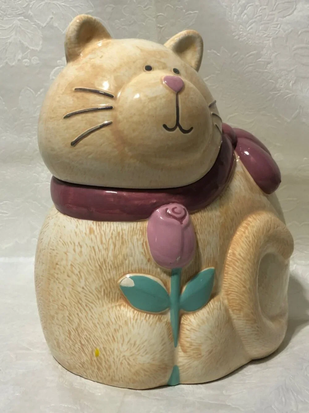 Vintage Treasure Craft Ginger Cat Cookie Jar w/ Flower by Susan Marie